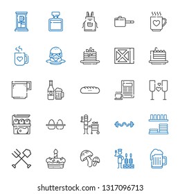 restaurant icons set. Collection of restaurant with beer, churrasco, mushroom, cake, fork, dinnerware, bars, fish, eggs, meat, wine, coffee. Editable and scalable restaurant icons.