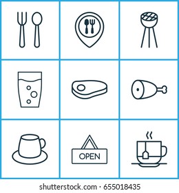 Restaurant Icons Set. Collection Of Coffee Cup, Food Mapping, Board And Other Elements. Also Includes Symbols Such As Water, Coffee, Meat.