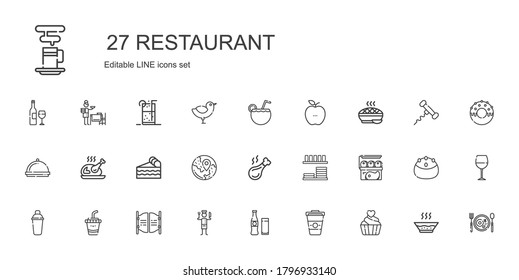 restaurant icons set. Collection of restaurant with cupcake, coffee, beverage, chef, bar, drink, shaker, meat, dinnerware, chicken leg. Editable and scalable restaurant icons.