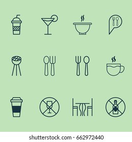 Restaurant Icons Set. Collection Of Dining Room, Cutlery, Tea And Other Elements. Also Includes Symbols Such As Cup, Barbecue, House.