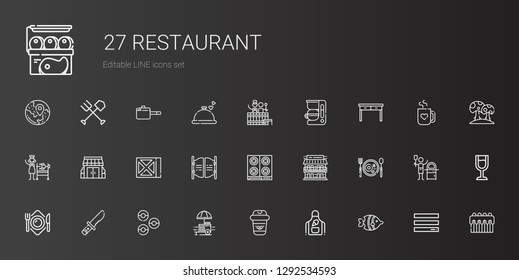 restaurant icons set. Collection of restaurant with fish, apron, coffee, food stall, donuts, knife, plate, breakfast, motel, stove, bar. Editable and scalable restaurant icons.