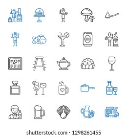 restaurant icons set. Collection of restaurant with food truck, wine, turkey, beer, barman, pan, mug, cocktails, whiskey, wine glass, pie. Editable and scalable restaurant icons.