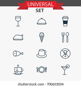 Restaurant Icons Set. Collection Of Kitchenware, Alcohol Forbid, Wineglass And Other Elements. Also Includes Symbols Such As Fry, Mocha, Tray.