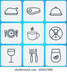 Restaurant Icons Set. Collection Of Lemonade, Chicken Fry, Steak And Other Elements. Also Includes Symbols Such As Glassware, Alcohol, Fry.