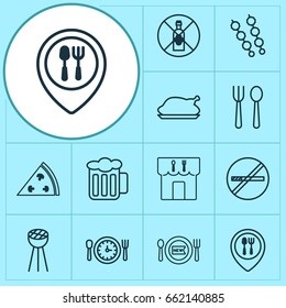 Restaurant Icons Set. Collection Of Meal Hour, Stick Barbecue, Food Mapping And Other Elements. Also Includes Symbols Such As Food, Pepperoni, Pizzeria.