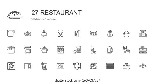 restaurant icons set. Collection of restaurant with menu, food truck, plate, vodka, table, beer, coffee, meat, teapot, stove, pot, apron. Editable and scalable restaurant icons.