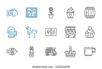 restaurant icons set. Collection of restaurant with mug, cake, food truck, wine bottle, fish, cupcake, meat, menu, cocktails, beer, barrel. Editable and scalable restaurant icons.