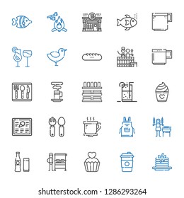 restaurant icons set. Collection of restaurant with pancakes, coffee, cupcake, burning grill, beverage, shashlik, apron, coffee cup, cutlery. Editable and scalable restaurant icons.