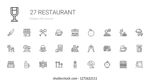 restaurant icons set. Collection of restaurant with pepper, mushroom, wine bottle, bar, plate, mug, stores, food truck, toast, turkey. Editable and scalable restaurant icons.