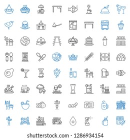 restaurant icons set. Collection of restaurant with stores, smoothie, tools and utensils, alcohol, food truck, barrel, beer, burguer, pub. Editable and scalable restaurant icons.