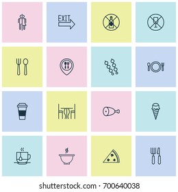 Restaurant Icons Set. Collection Of Sundae, Stick Barbecue, Doorway And Other Elements. Also Includes Symbols Such As Knife, Poultry, Restaurant.