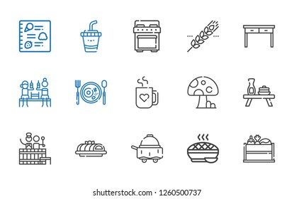 restaurant icons set. Collection of restaurant with vegetable, pie, room service, cake, barrel, table, mushroom, mug, breakfast, beer. Editable and scalable restaurant icons.