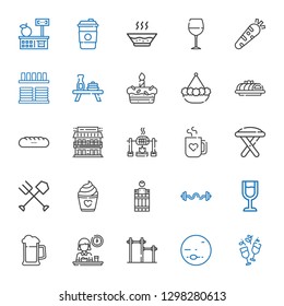 restaurant icons set. Collection of restaurant with wine, neptune, bar, breakfast, beer, wine glass, bars, barrel, cake, fork, stool, mug. Editable and scalable restaurant icons.