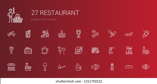 restaurant icons set. Collection of restaurant with wine bottle, fishes, mug, spoon, wine glass, wine, bar, tools and utensils, food truck. Editable and scalable restaurant icons.