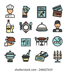 Restaurant icons set with cuisine waiter chef and payment symbols isolated vector illustration