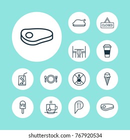 Restaurant icons set with dining room, steak, sorbet and other steak elements. Isolated vector illustration restaurant icons.