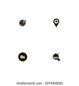 Restaurant icons set. dish on hand, plate, hand and location