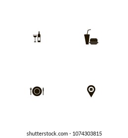 Restaurant icons set. fastfood, soda and burger, fastfood location and wine