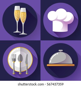 Restaurant icons set flat style Cooking and kitchen, serving food.