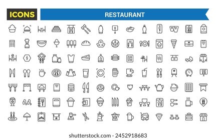 Restaurant Icons Set, Set Of Restaurant Food, Chef Hat, Alcohol, Seafood, Continental Breakfast In Hotel, Cafe Dessert, Coffee, Steak, Waiter Vector Icons With Editable Stroke, Vector Illustration