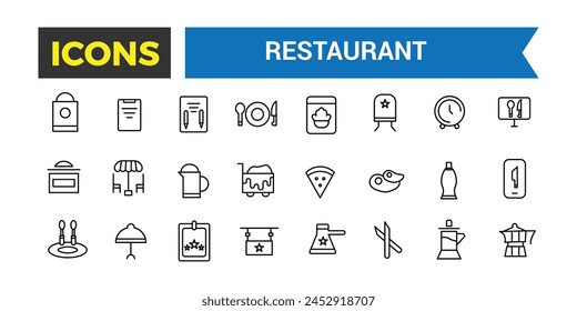 Restaurant Icons Set, Set Of Restaurant Food, Chef Hat, Alcohol, Seafood, Continental Breakfast In Hotel, Cafe Dessert, Coffee, Steak, Waiter Vector Icons With Editable Stroke, Vector Illustration