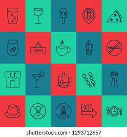 Restaurant icons set with glass, martini, coffee cup and other doorway elements. Isolated vector illustration restaurant icons.