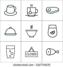 Restaurant icons set with hanging board, beef, chicken leg and other coffee cup elements. Isolated vector illustration restaurant icons.