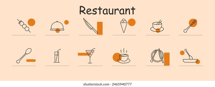 Restaurant icons set. Includes skewers, dome, knife, ice cream, coffee, fork, spoon, glass, cocktail, spaghetti, soup. Represents dining, food, meals, beverages, culinary, gourmet, and hospitality.