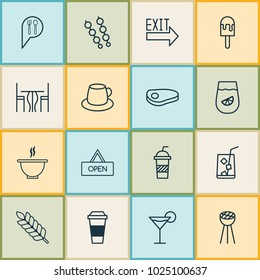 Restaurant icons set with kebab, exit sign, table and other board elements. Isolated vector illustration restaurant icons.