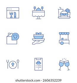 Restaurant icons set. Line Duotone style, editable stroke. toast, food and restaurant, restaurant, recipe, food tray, wedding dinner, food cart.