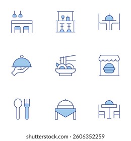 Restaurant icons set. Line Duotone style, editable stroke. pad thai, pub, food tray, coffee table, restaurant, cutlery, waiter.