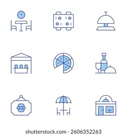 Restaurant icons set. Line Duotone style, editable stroke. food stand, dinning table, lunchtime, terrace, sign, pizza, restaurant building, restaurant.