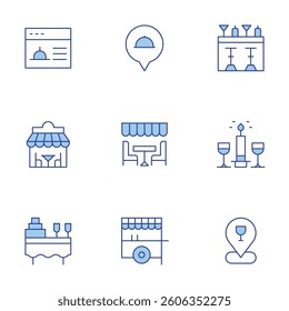 Restaurant icons set. Line Duotone style, editable stroke. candle, bar, placeholder, catering, dinner table, restaurant, street food.