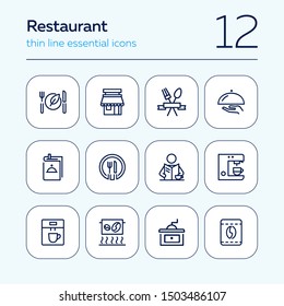 Restaurant icons. Set of line icons on white background. Menu, coffee maker, course, client. Cafe concept. Vector illustration can be used for topics like food, catering, service