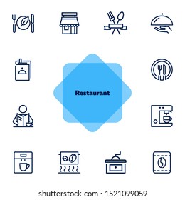 Restaurant icons. Set of line icons on white background. Menu, coffee maker, course, client. Cafe concept. Vector illustration can be used for topics like food, catering, service