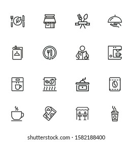 Restaurant icons. Set of line icons on white background. Menu, coffee maker, course, client. Cafe concept. Vector illustration can be used for topics like food, catering, service