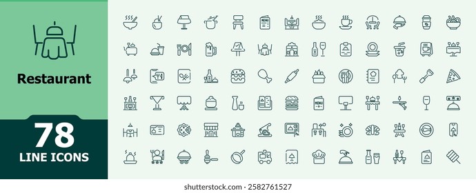 Restaurant icons set in linear style. Containing cafe, meal, kitchen, plate, dinner and more. Minimal icons. Editable vector stroke.