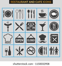 Restaurant icons set on grey background. Vector illustration