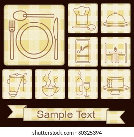 Restaurant icons set on plaid beige background