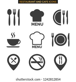 Iconos del restaurante colocados sobre fondo blanco. Ilustración del vector