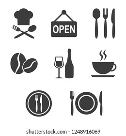 Iconos del restaurante colocados sobre fondo blanco. Ilustración del vector