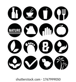 RESTAURANT ICONS SET, and others, hand, foot, chicken, palm tree, water, mark.
