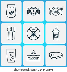 Restaurant icons set with spoon with fork, glass, hanging board and other no drinking elements. Isolated vector illustration restaurant icons.