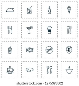 Restaurant icons set with spoon with fork, espresso, restaurant location and other silverware elements. Isolated vector illustration restaurant icons.