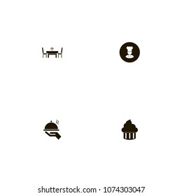 Restaurant icons set. table and chairs, cake, hand and dish