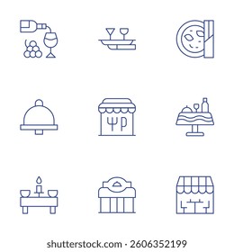 Restaurant icons set. Thin Line style, editable stroke. wine, tray, table, catering, restaurant, soup, dinner table.