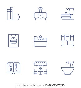 Restaurant icons set. Thin Line style, editable stroke. table, tableware, bar, champagne, dinner, fast food, order food, menu, soup.