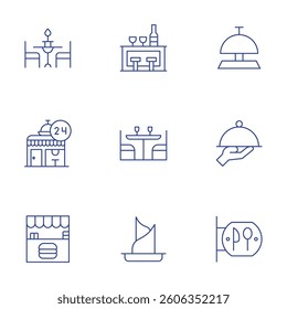 Restaurant icons set. Thin Line style, editable stroke. dinner, napkin, bar, restaurant, desk bell, table, food store, waiter.