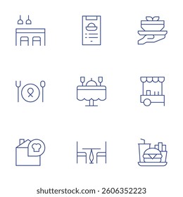Restaurant icons set. Thin Line style, editable stroke. coffee table, food and restaurant, restaurant, recipe, food tray, wedding dinner, food cart.