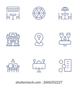 Restaurant icons set. Thin Line style, editable stroke. cafe, placeholder, dinner table, restaurant, terrace, bill, pizza.
